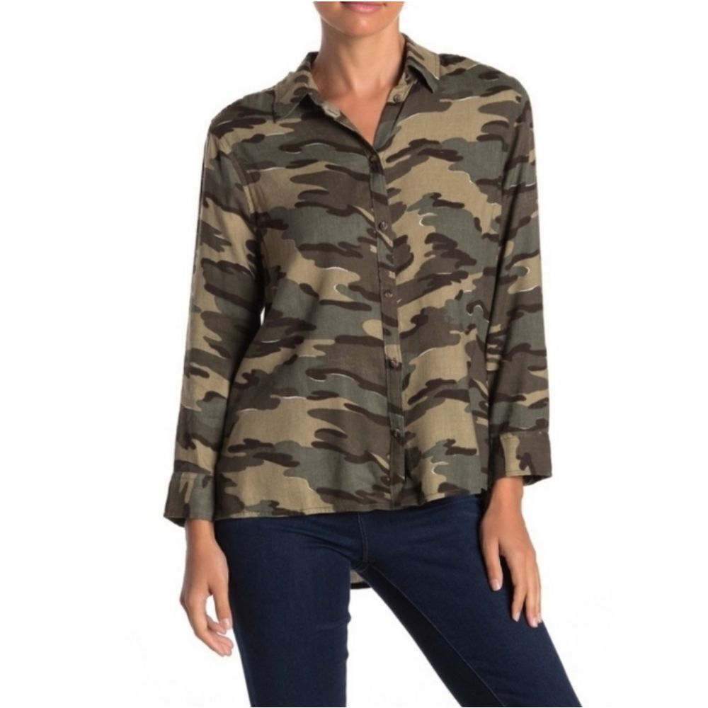SUSINA Button Hem Printed Long Sleeve Shirt XSP